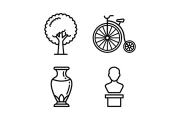 Four simple line icons of a tree, penny farthing bicycle, vase, and bust on pedestal