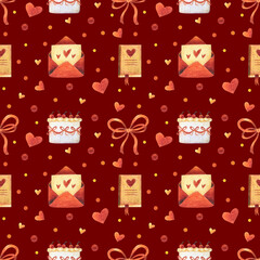 Valentine's Day seamless pattern by colored pencils. Romantic holiday. February 14. Love. Heart, sweet cake, envelope, letter, bow, cherry, book. Hand drawn illustration.