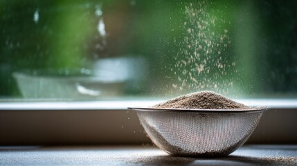 tennessine. Flour sifting through mesh sieve into bowl on kitchen counter. menu design, packaging mockups, designed for food delivery and cloud-kitchen brand materials, simplifies recipe learning.
