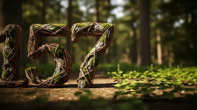 The number 157 crafted from natural elements in a lush forest setting, symbolizing organic growth and environmental harmony.