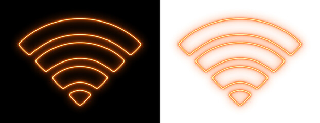Orange neon Wi-Fi signal icon glowing on black and white backgrounds, bright wireless internet outline symbol for technology and UI design
