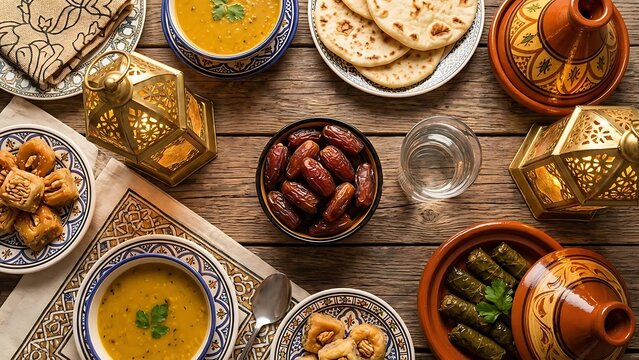 Ramadan iftar table setting with dates soup dolma and traditional decorations