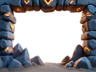Fantasy stone archway with glowing symbols and rocky entrance