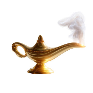 Golden genie lamp with emerging magical smoke on black background
