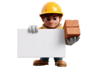 Cartoon construction worker holding blank sign and bricks
