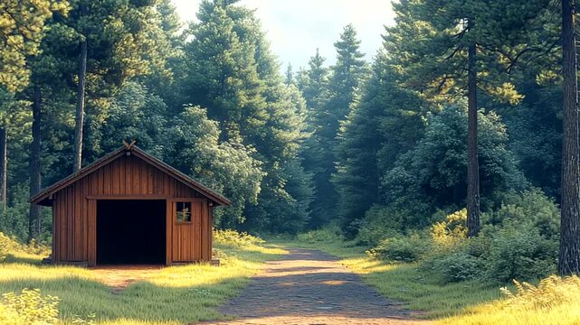 Tranquil forest path leading to a cozy wooden cabin in nature