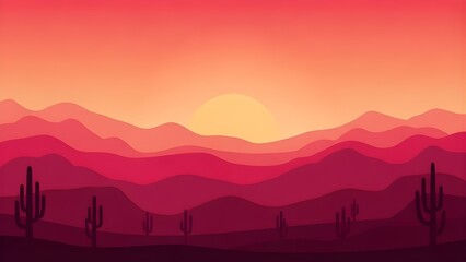Fototapeta premium Minimalist Pink Desert Sunset Illustration with Saguaro Cactus and Layered Mountain Silhouettes, Vector Landscape for Travel Background and Banner Design.
