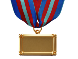 Gold medal with vibrant red and blue striped ribbon