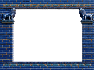 Ancient blue brick gateway framed by majestic lion sculptures