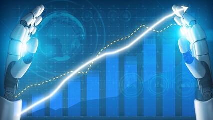 A futuristic representation of robot hands illustrating financial growth through data visualization, highlighting the intersection of technology and economy. Copula
