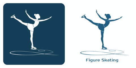 Silhouette of Elegant Figure Skater performing graceful Arabesque Spiral on ice rink with skate tracks. Two color, black blue and white.Girl in dynamic pose. Beauty and balance of winter sports.