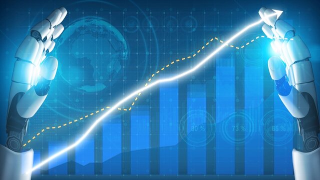 A futuristic representation of robot hands illustrating financial growth through data visualization, highlighting the intersection of technology and economy. Copula - Powered by Adobe
