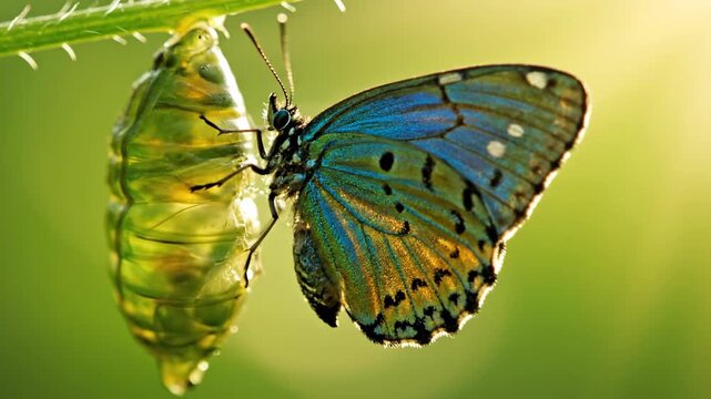 Stunning Blue Butterfly Emerges from Chrysalis in Nature.
