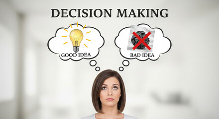 Inscription above woman's head choosing good idea vs bad idea, decision making concept