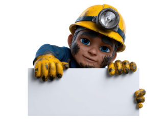 Cartoon miner character with blank sign and yellow hard hat
