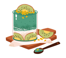 Kiwi Chia Pudding Dessert Illustration on Wooden Board. Glass filled with layered chia pudding and kiwi slices. Healthy breakfast flat illustration.