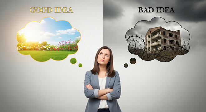Inscription above woman's head choosing good idea vs bad idea, decision making concept