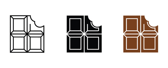 chocolate bar icon set vector on white background, a top ranked collection of sweet dessert symbols featuring bite marks, simple graphic design, and versatile illustration for digital and print use.