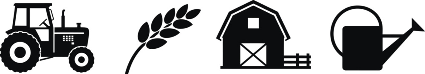 A collection of farming icons including a tractor wheat barn and watering can on transparent background high-quality professional detailed modern   © Masud