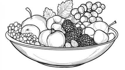 Hand-drawn fruit bowl illustration, still life, healthy eating, graphic design, vector art, possible use education, food blog, print, social media