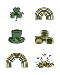 St Patrick&rsquo;s Day Icon Set with Shamrock, Leprechaun Hat and Gold