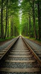 Obraz premium Straight Railway Tracks Disappearing into a Lush Green Forest Tunnel with Low Angle Perspective
