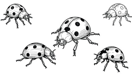 Fototapeta premium Group Of Hand Drawn Ladybugs In Sketched Style - Cute Insect Illustration For Stock Images
