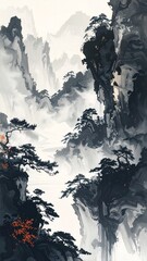 Traditional Chinese Painting of Mountain Landscape.