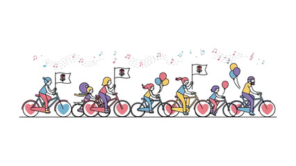 Obraz premium Cycling Parade: A joyous procession of individuals riding bicycles, their flags waving and colorful balloons adding to the festive atmosphere. A collective sense of freedom, community.
