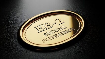 Elegant gold oval plaque with EB-2 second preference text embossed on textured black background