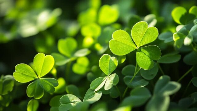 Close up view of green clover leaves bright sunlight background