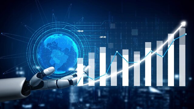 A robotic hand holds a digital globe, showcasing a rising graph against a modern backdrop, highlighting themes of technology, growth, and innovation in finance. Copula - Powered by Adobe