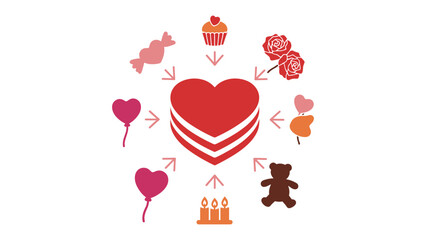 Love's Essentials: A central heart, surrounded by classic symbols of affection, invites viewers into a world of romance, sweetness, and celebration.