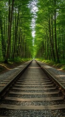 Straight railway tracks disappearing into a lush green forest tunnel created by tall deciduous trees in spring