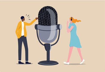 Podcast in episodic series of digital audio records broadcast or streaming via internet for easy listeners, professional podcasters man and woman talk with big podcast microphone and wearing headphone