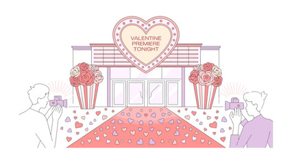 Love Premiere: A romantic Valentine's Day event with a red carpet entrance, adorned with heart decorations, and photographers.
