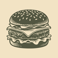 Classic cheeseburger with lettuce, cheese, and tomato in vintage hand-drawn style on beige background, concept of fast food and retro dining