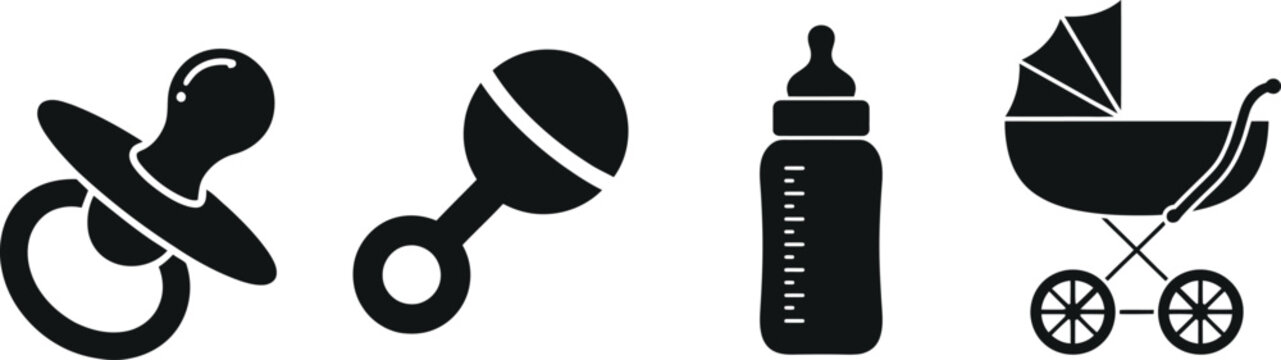 A set of four simple black silhouette icons depicting baby items including a pacifier rattle bottle and stroller on transparent