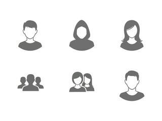 Simple grayscale icons depicting various user profile silhouettes and groups