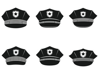 Six black police hats with badges displayed in a grid pattern