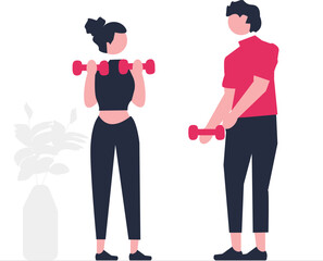 A digital illustration depicts a determined personal trainer assisting a client during an intense workout session promoting fitness and wellness