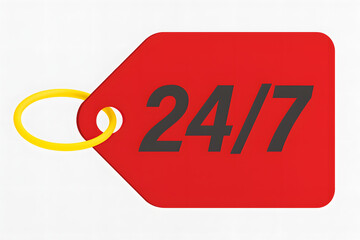 Red tag with '24/7' text, symbolizing continuous service and round-the-clock availability.