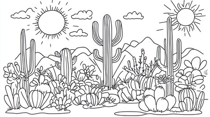 Desert cactus landscape, coloring page, children's book illustration