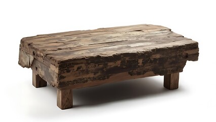 An aged, weathered rectangular wooden table or low bench with four short, sturdy legs, isolated on white