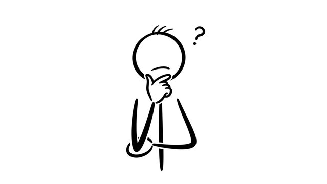 Stick Figure Man with a Question Mark Above His Head, Deep in Thought with Hand on Chin, Depicting Confusion or Problem Solving on Isolated White Background.