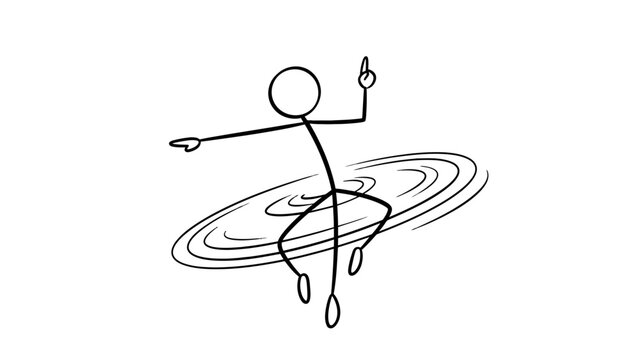 Simple black and white stick figure drawing depicting a person spinning or dancing with dynamic motion lines around the body.