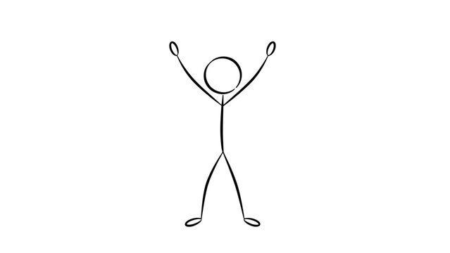 A simple, hand-drawn stick figure illustration with arms raised high in a celebratory or active pose on a plain white background.