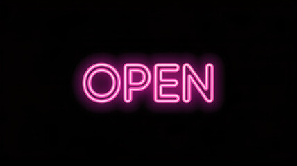 Bright pink neon sign glowing with word open against solid black background