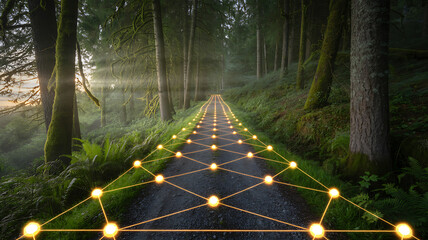 Digital data network grid connecting on forest path