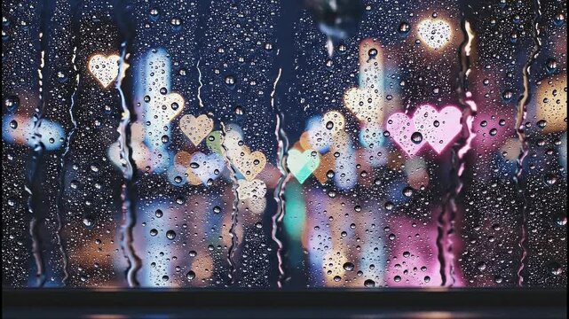 Rainy day reflections of heart-shaped bokeh lights on a window, creating a romantic and cozy atmosphere
